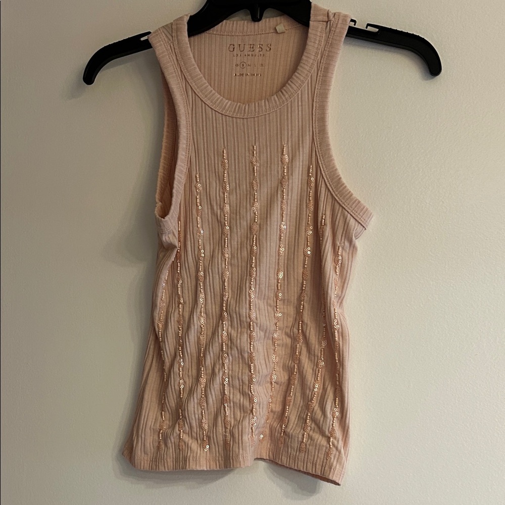 GUESS Blush Pink Sequin Ribbed Tank Top